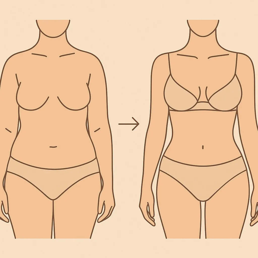 Infografik zur Brustvergrößerung mit Eigenfett mit 2 Frauenkörper. An Bauch, Beine und Po wurde Fett entnommen und in die Brust eingespritzt