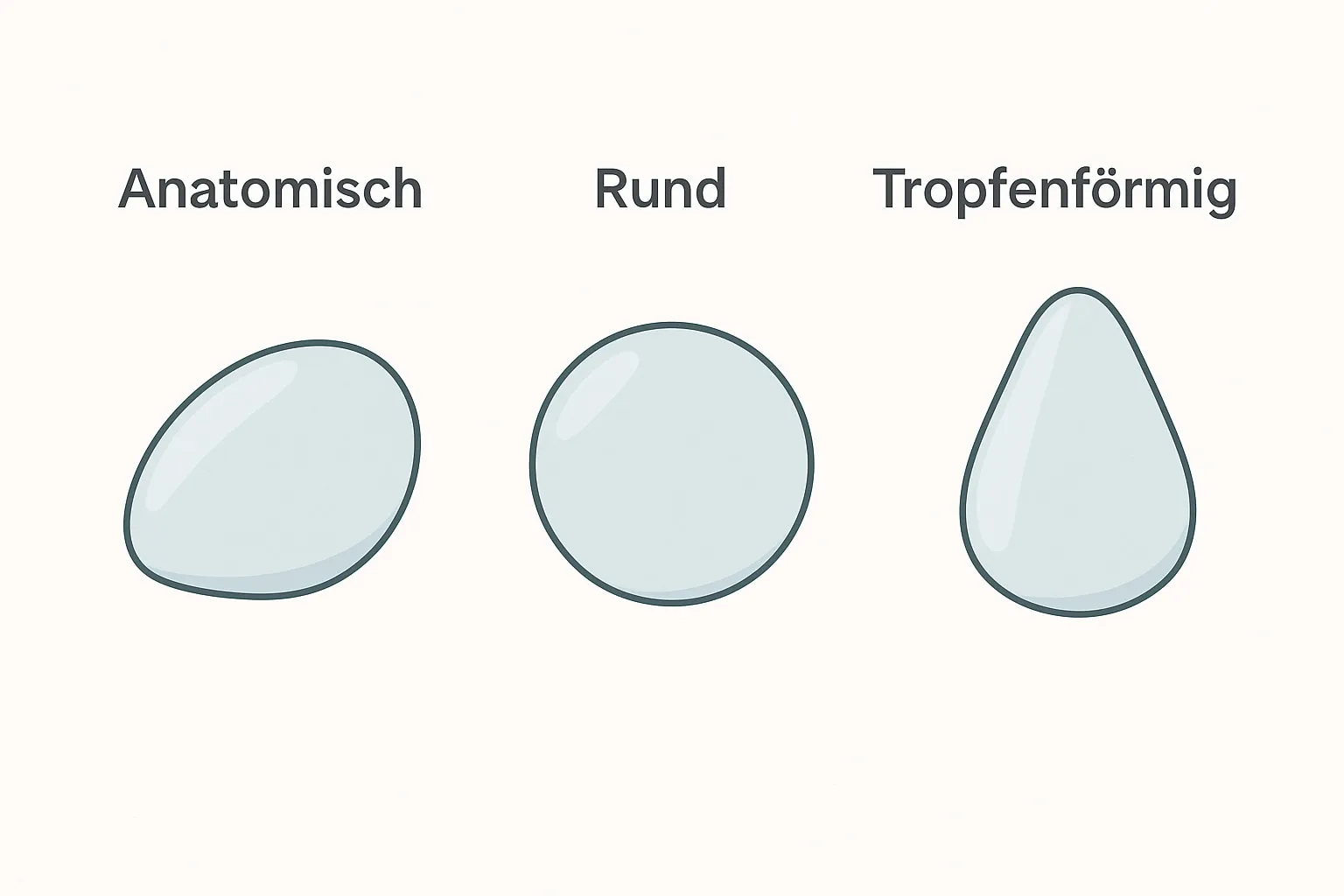 Infografik zu den Implantat-Formen einer Brustvergrößerung. Anatomisch, Rund und Tropfenförmig
