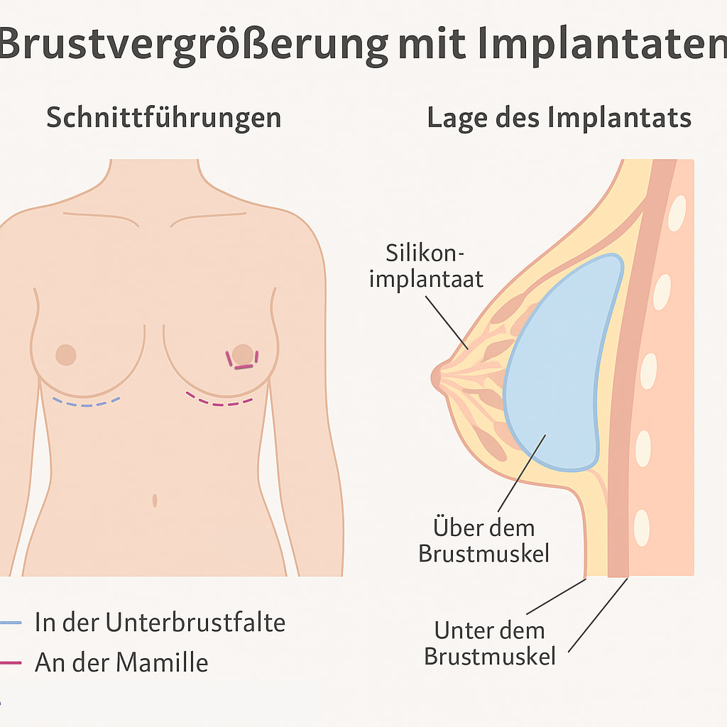 Infografik zur Brustvergrößerung mit Implantaten. Schnitttechniken und Implantatlage
